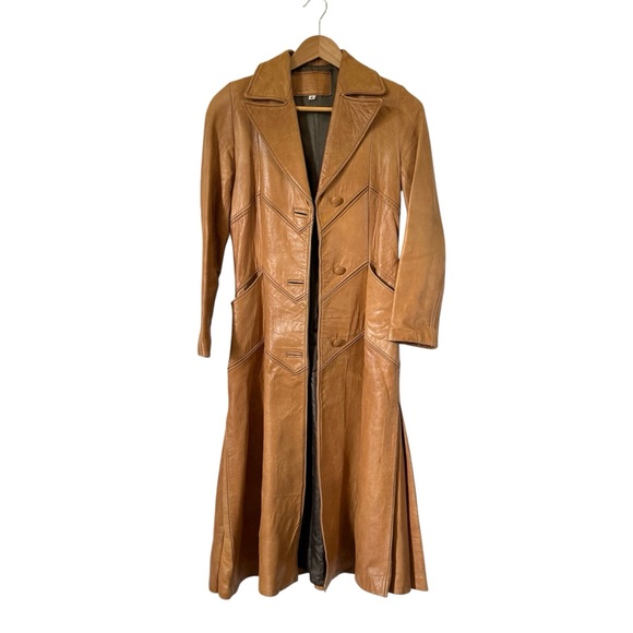 Vintage Jackets & Blazers - Vintage 70s Brown Leather Maxi Coat Chevron Stitching Retro Boho Womens XS